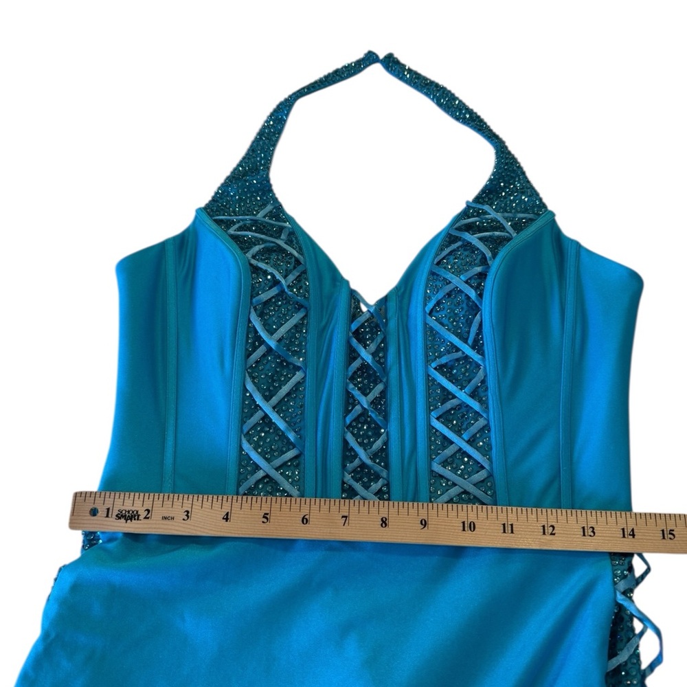 Jovani D5034A Corset Aqua Blue Halter Rhinestone Prom Pageant Maxi Dress -8 NEW - Picture 9 of 16